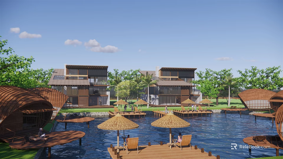 Wooden Guesthouse Building On Water With Deck Umbrella And Natural Green Surroundings 3d model 