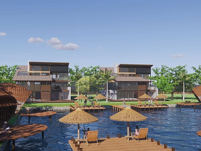 Wooden Guesthouse Building On Water With Deck Umbrella And Natural Green Surroundings 3d model