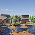 Wooden Guesthouse Building On Water With Deck Umbrella And Natural Green Surroundings