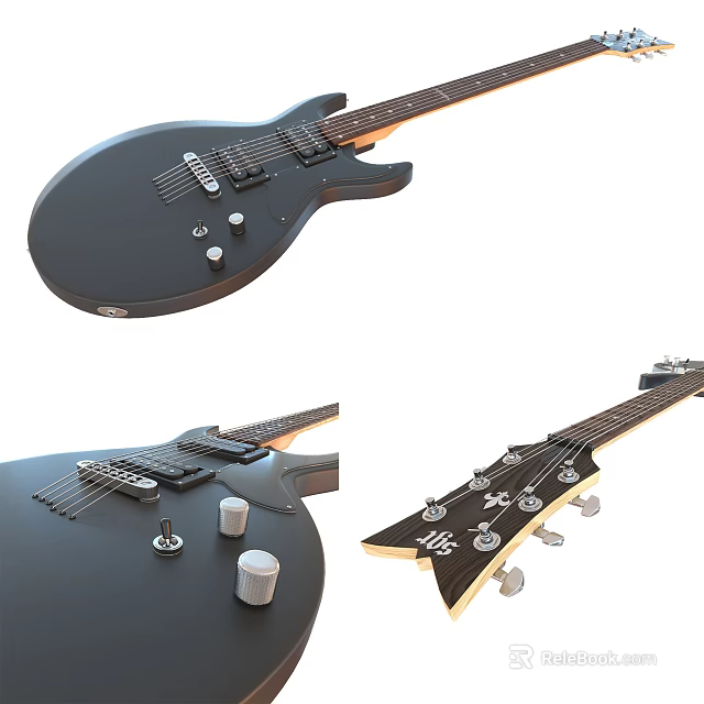 Black Electric Guitar With Metal Knobs Headstock Design And Strings In Different Angles View 3d model 