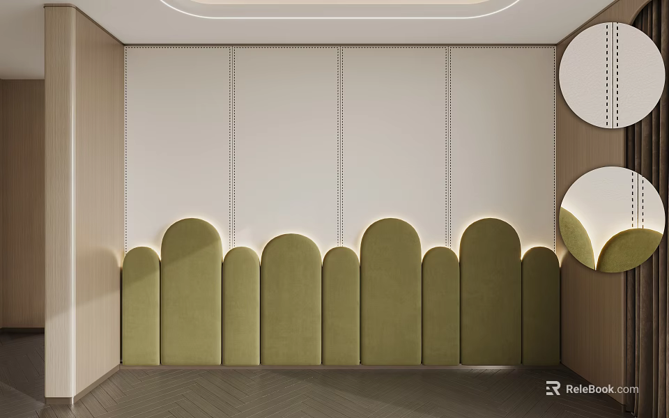 Modern Bed Accent Wall With Green Curved Panels Stitched Details And White Backdrop 3d model 