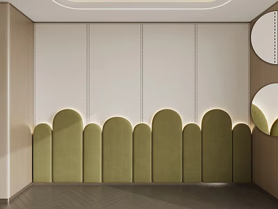Modern Bed Accent Wall With Green Curved Panels Stitched Details And White Backdrop 3d model