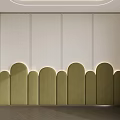 Modern Bed Accent Wall With Green Curved Panels Stitched Details And White Backdrop