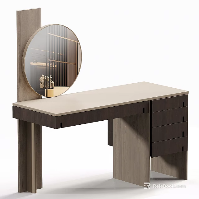 Modern Dressing Table With Round Mirror Sleek Tabletop and Storage Drawers 3d model 
