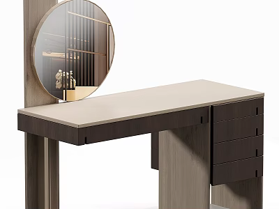 Modern Dressing Table With Round Mirror Sleek Tabletop and Storage Drawers 3d model