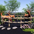 Park Landscape with Deer Rope Fence Stepping Stones Green Trees and Pink Flowers