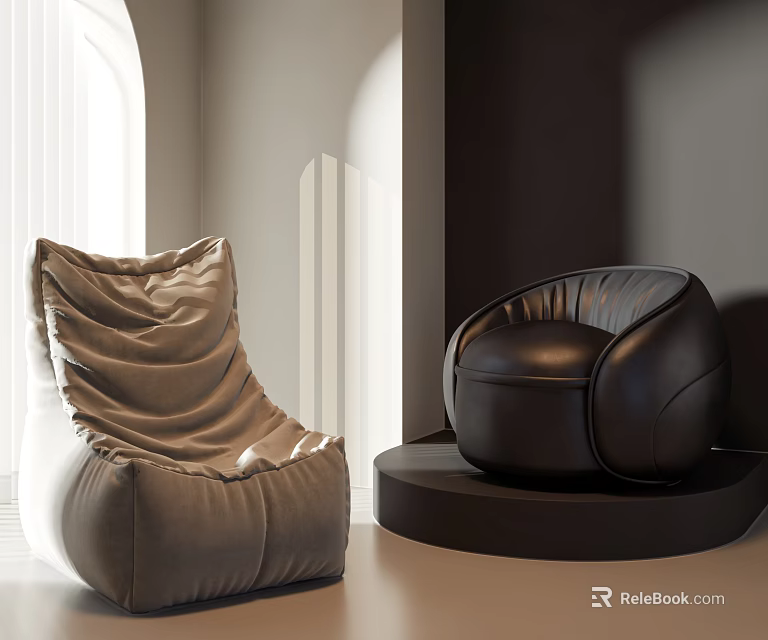 Gray Cozy and Black Leather Bean Bag Chairs in Modern Bright Interior with Round Base 3d model 