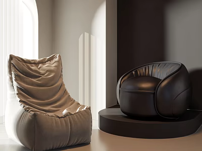 Gray Cozy and Black Leather Bean Bag Chairs in Modern Bright Interior with Round Base 3d model