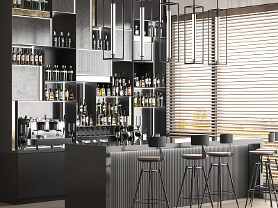 Stylish Modern Bar Interior With Wine Racks Counter And Bar Stools 3d model