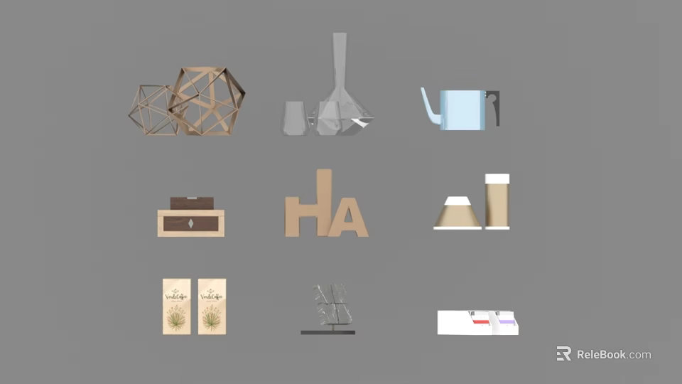 Decorative Ornament Set With Geometric Shapes Vase Teapot Letter Decor And Table Lamp 3d model 