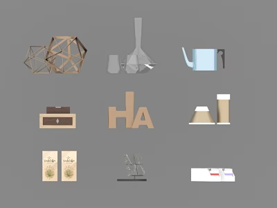 Decorative Ornament Set With Geometric Shapes Vase Teapot Letter Decor And Table Lamp 3d model