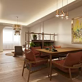 Cozy Dining Living Room Interior With Wooden Furniture Green Plants And Hanging Lamp