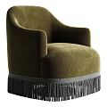 Elegant Navy Blue Velvet Armchair With Curved Armrests Rounded Back And Fringe Trim