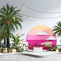 Outdoor Lounge Area Featuring Palm Trees String Lights And Circular Gradient Backdrop 3d model
