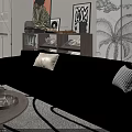 Modern Beige Three Seater Sofa With Patterned Throw Pillows And Coffee Table In Living Room