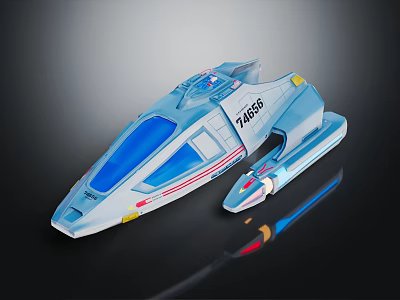 Space Exploration Blue Starship Model With Transparent Windows Red White Stripes 74689 And Small Probe 3d model