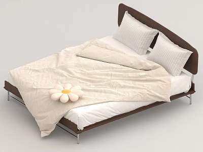 Double Bed with Brown Curved Headboard Metal Frame Beige Quilt White Striped Pillows White Flower 3d model