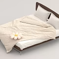 Double Bed with Brown Curved Headboard Metal Frame Beige Quilt White Striped Pillows White Flower