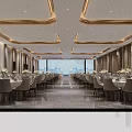 Luxurious Modern Banquet Hall With Gold Accents Central Walkway Dining Tables And Lighting Effects