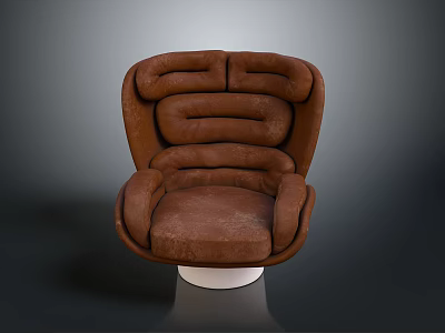 Comfortable Brown Modern Armchair With Curved Lines Plush Cushion And White Round Base 3d model