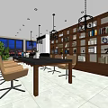Modern Public Office Space With Long Table Chairs Chandeliers Bookshelves And Wall Painting