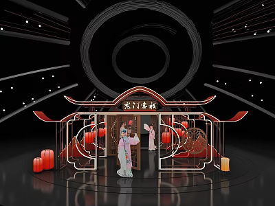 Chinese Traditional Opera Stage With Ancient Architectural Design Red Lanterns And Performer In Costume 3d model