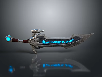 Fantasy Sword With Silver Metal Ornate Hilt Red Handle And Blue Glowing Runes 3d model