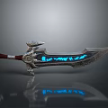 Fantasy Sword With Silver Metal Ornate Hilt Red Handle And Blue Glowing Runes