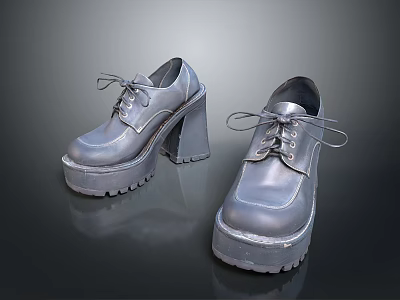 Stylish Silver Platform High Heel Shoes With Shiny Leather And Lace Up Design 3d model