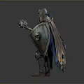 A Man in Medieval Armor Holding Mace and Skull Shield with Blue Cloak