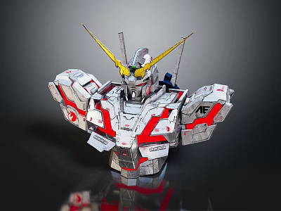 Gundam Mechanical Bust Figure Featuring White Red Armor Yellow Antennas And Green Eyes 3d model