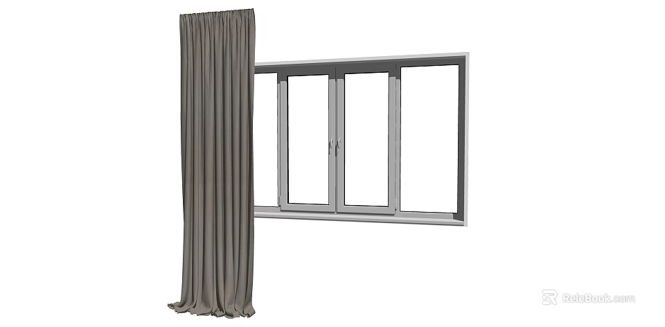 Gray Soft Fabric Curtain Hanging Beside Modern Window Frame Design 3d model 