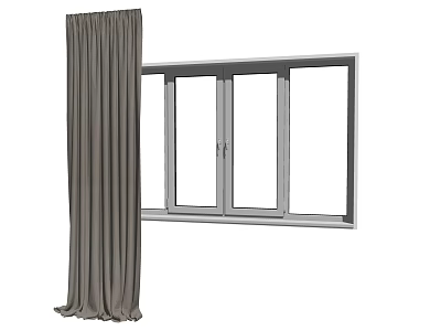 Gray Soft Fabric Curtain Hanging Beside Modern Window Frame Design 3d model