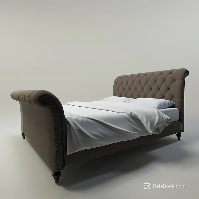 Classic Double Bed With Tufted Headboard Rolled Arms And White Sheets 3d model
