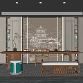 Modern Chinese Tea Room Interior With Traditional Pavilion Mural Wooden Furniture And Tea Sets