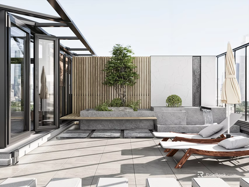 Modern Roof Garden with Glass Doors Wooden Screens Small Tree and Lounge Chairs 3d model 