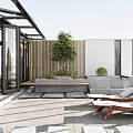 Modern Roof Garden with Glass Doors Wooden Screens Small Tree and Lounge Chairs