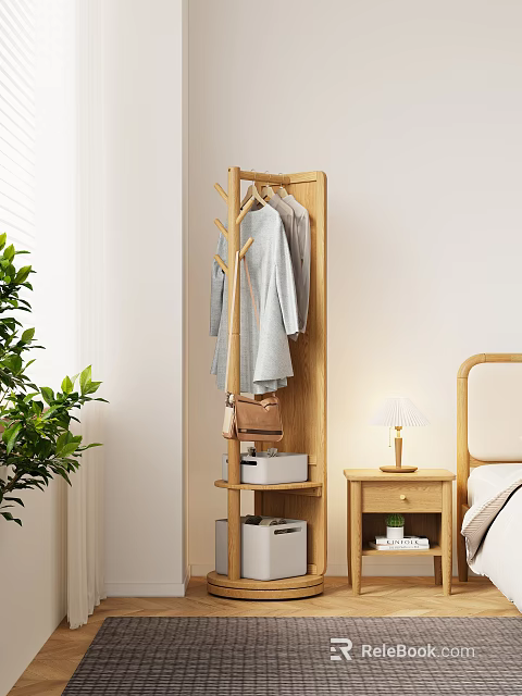 Wooden Coat Rack With Hanging Clothes Handbag Near Bedroom Bedside Table Lamp And Green Plant 3d model 