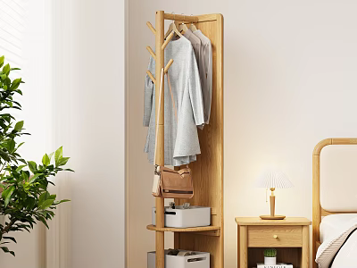 Wooden Coat Rack With Hanging Clothes Handbag Near Bedroom Bedside Table Lamp And Green Plant 3d model