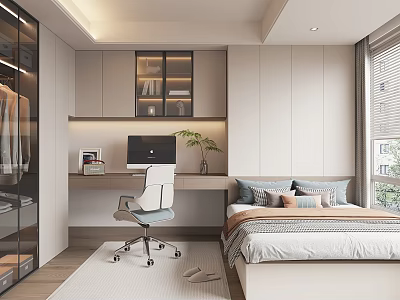 Modern Tatami Bedroom Interior With Desk Chair Bed Built In Bookshelf And Glass Wardrobe 3d model