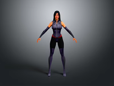 3D Female Character Model With Purple Black Tight Fitting Outfit Standing Pose 3d model