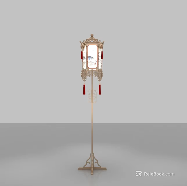 Traditional Chinese Style Floor Lamp With Carved Golden Frame Red Tassels And Painted Shade 3d model 