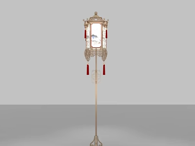 Traditional Chinese Style Floor Lamp With Carved Golden Frame Red Tassels And Painted Shade 3d model