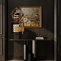 Elegant Console Table with Table Lamp Books and Decorative Artwork Against Dark Wood Wall