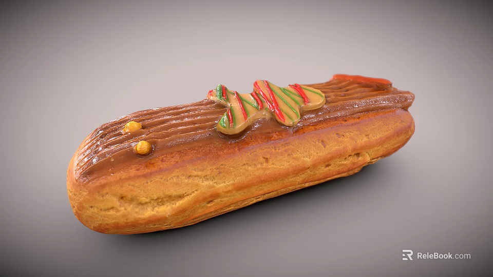 Eclair Dessert With Smooth Chocolate Glaze And Colorful Striped Decorations Plus Golden Balls 3d model 