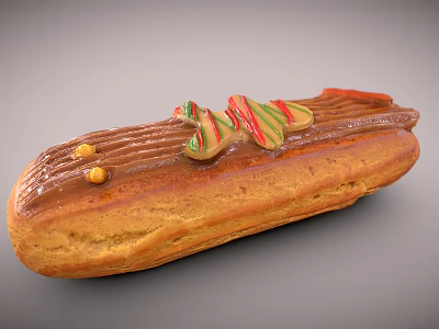 Eclair Dessert With Smooth Chocolate Glaze And Colorful Striped Decorations Plus Golden Balls 3d model