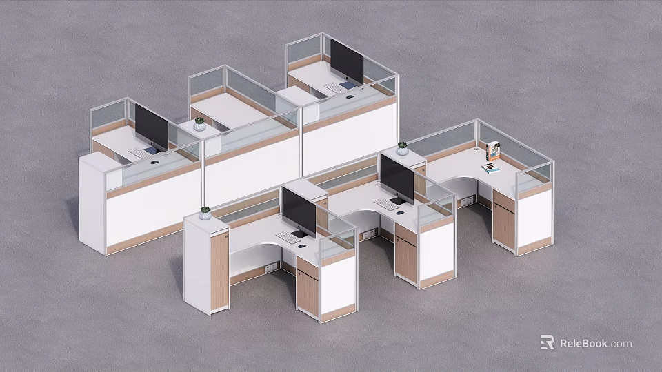 Efficient Modern Office Cubicle Desks Arrangement With Computers And Green Plants 3d model 