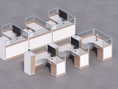 Efficient Modern Office Cubicle Desks Arrangement With Computers And Green Plants 3d model