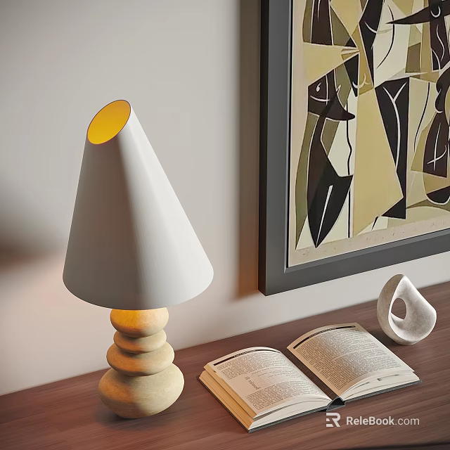 Modern Table Lamp With White Lampshade Stacked Base And Open Book Near Abstract Painting 3d model 