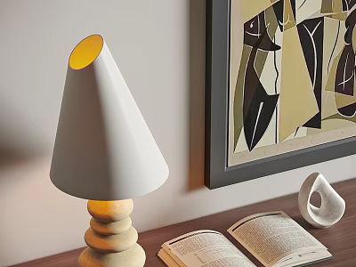 Modern Table Lamp With White Lampshade Stacked Base And Open Book Near Abstract Painting 3d model